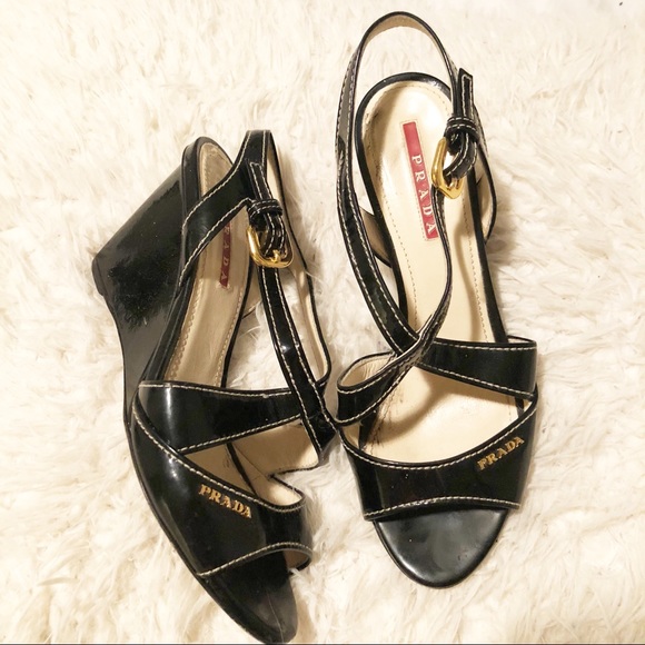 Prada Shoes - Prada! Black and gold accented wedges!